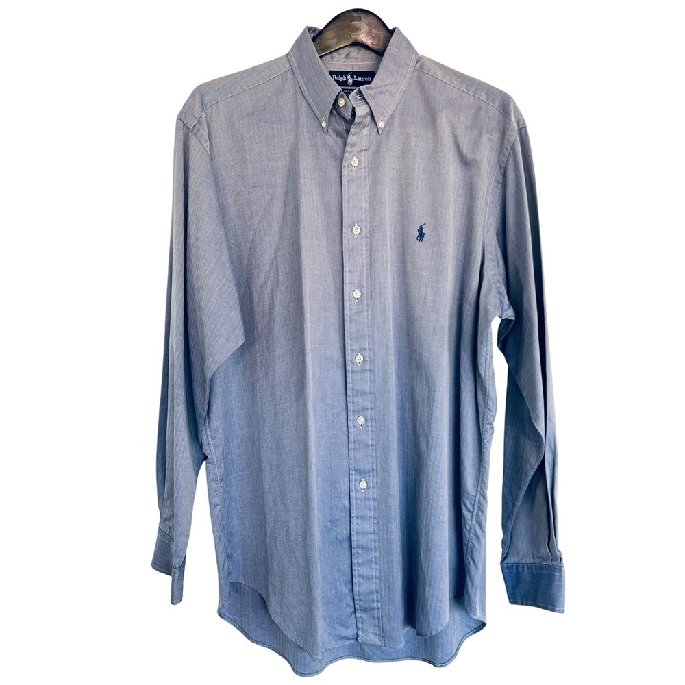 Ralph Lauren Yarmouth Mens 16.5 34/35 Blue Herringbone Cotton Dress Shirt